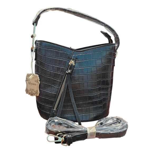 Alyssa Handbags - Alyssa Black Textured Bucket Bag Crossbody Purse NEW TAGS